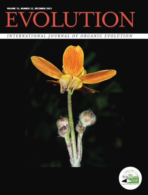 Evolution journal cover showing an orange flower on a black background with the title Evolution in red across the top