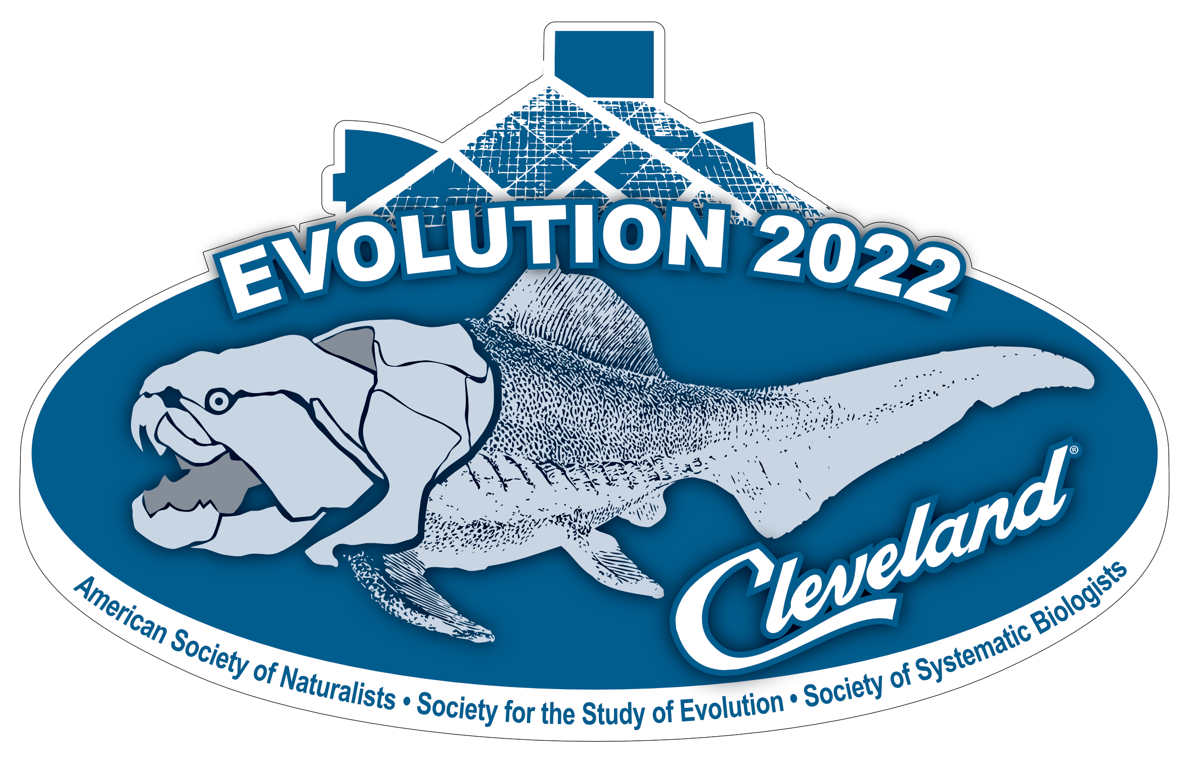 The Evolution 2022 meeting logo. The words Evolution 2022 in white across a blue oval showing a fish fossil and the word Cleveland.